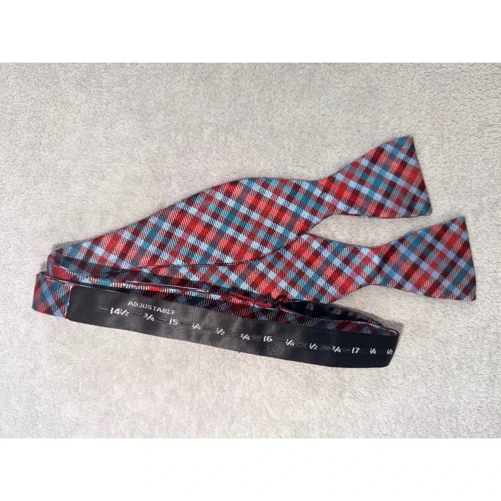 Original Penguin Mens Red Blue Plaid 100% Silk Self-Tie Bow Tie Adjustable